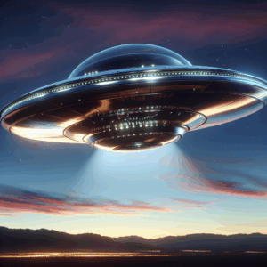 a highly detailed, realistic rendering of a classic flying saucer hovering in a clear evening sky, with reflective metallic surfaces and subtle lighting effects, shot in a professional style