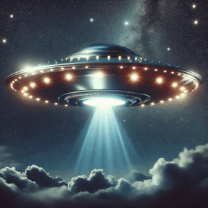 a realistic, detailed image of a silver metallic flying saucer hovering over a starry night sky, with lights emanating from its edges, in a professional and high-resolution style