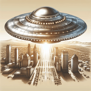 Een gedetailleerde, realistische tekening van een futuristische, gestroomlijnde vliegende schotel die boven een stad zweeft, met zonlicht dat haar metalen oppervlak reflecteert, weergegeven in een professionele stijl