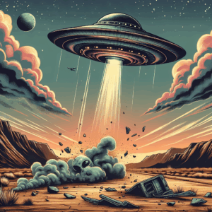 een gedetailleerde tekening van een buitenaards ufo in de lucht boven een woestijnlandschap, met rook en afgebroken metalen resten op de grond; professionele illustratie