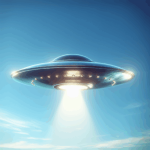 een realistische, gedetailleerde Engelse beschrijving van een klassiek schotelvormig UFO in een heldere blauwe lucht, met reflecterende metalen oppervlak en lichteffecten